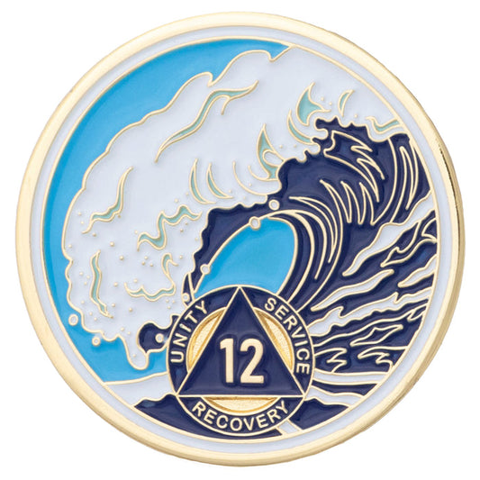 12 Year Sobriety Mint Crashing Wave Gold Plated AA Recovery Medallion - Twelve Year Chip/Coin - Blue/White