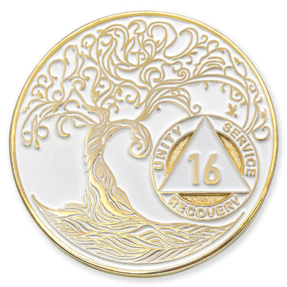16 Year Sobriety Mint Twisted Tree of Life Gold Plated AA Recovery Medallion - Sixteen Year Chip/Coin - White