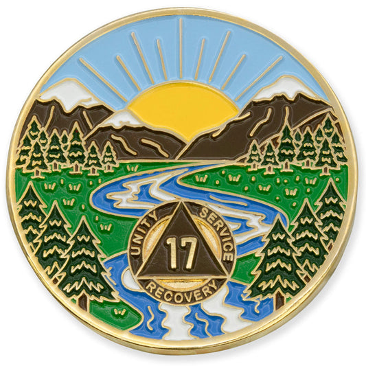 17 Year Sobriety Mint Winding River Gold Plated AA Recovery Medallion - Seventeen Year Chip/Coin