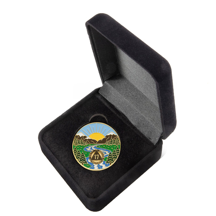 17 Year Sobriety Mint Winding River Gold Plated AA Recovery Medallion - Seventeen Year Chip/Coin + Velvet Box
