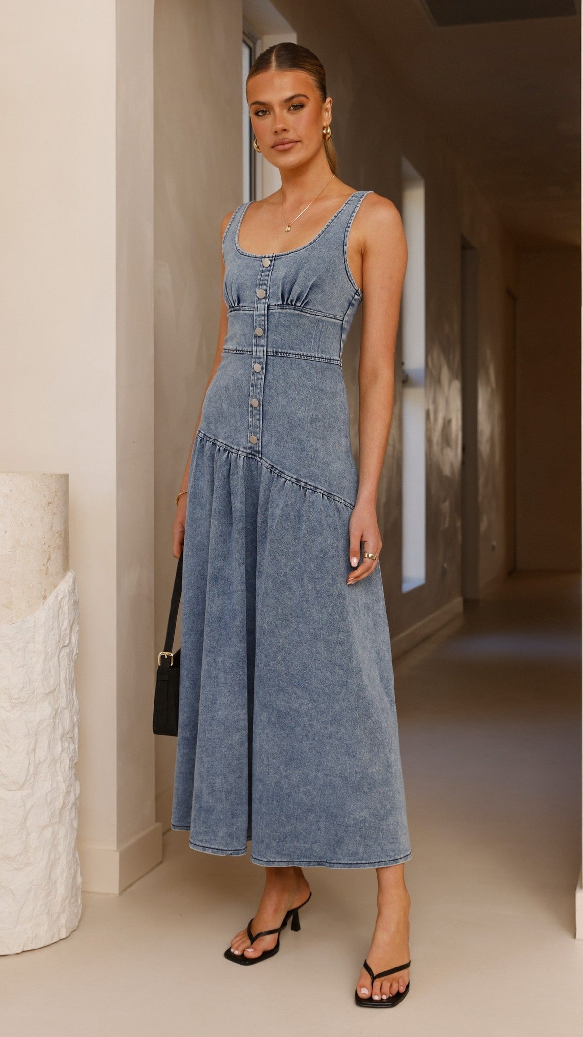 Generosa Button Front Maxi Dress - Mid Blue Denim