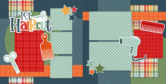 1St Haircut Blue scrapbook page kit — barbershop kit, baby keepsake, seasonal scrapbook page kits and die cuts, boy scrapbook, memory keeper, first haircut, scrapbook kit, haircut die cuts, acid-free double-sided scrapbook supplies, ready-to-glue title banners and photo frames, layered die cut titles for themed layouts, baby milestone, salon scrapbook, scrapbook layout, pastel paper embellishments and photo mats, handmade elements for DIY photo albums