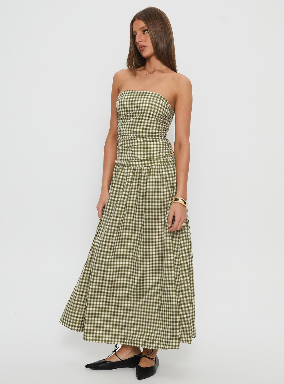 Frankey Strapless Drop Waist Maxi Dress Green Check