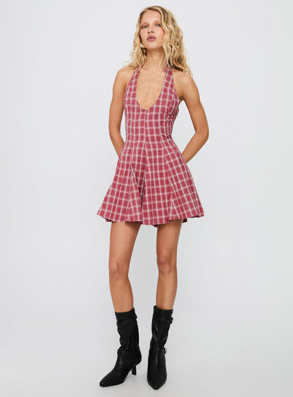 Out Of Nowhere Halter Mini Dress Red Check