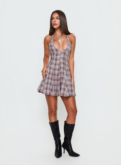 Out Of Nowhere Halter Mini Dress Burgundy / Pink Check