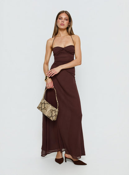 Kaemila Halter Chiffon Maxi Dress Brown