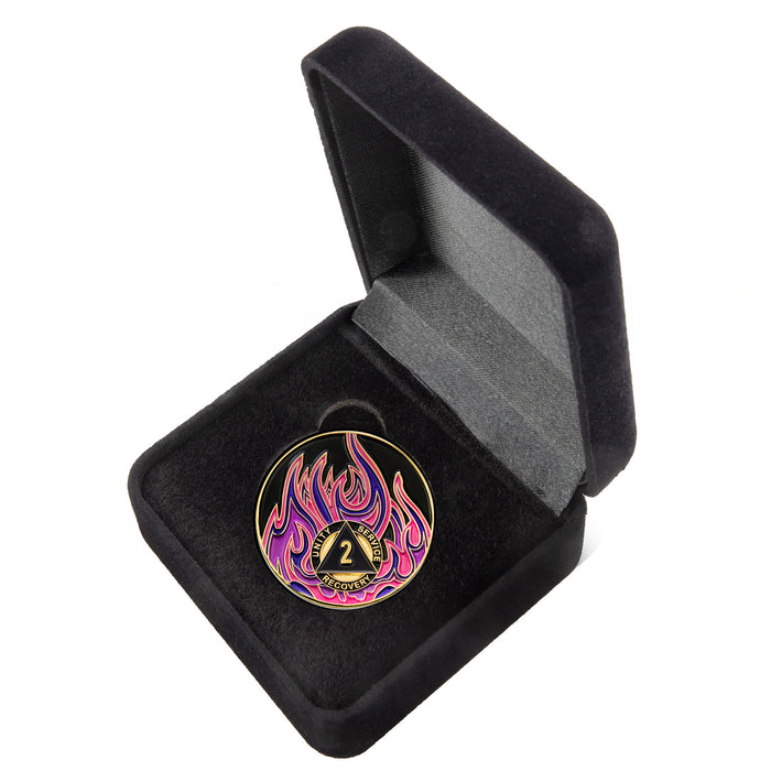 2 Year Sobriety Mint Twisted Flames Gold Plated AA Recovery Medallion - Black/Pink/Purple/Blue + Velvet Case