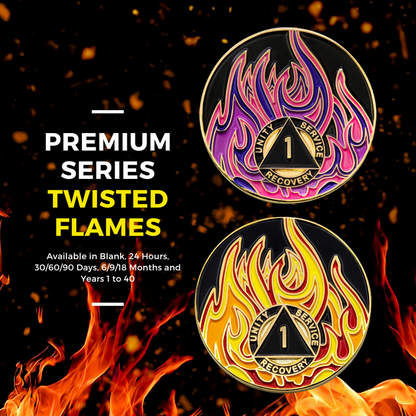 2 Year Sobriety Mint Twisted Flames Gold Plated AA Recovery Medallion - Black/Pink/Purple/Blue + Velvet Case