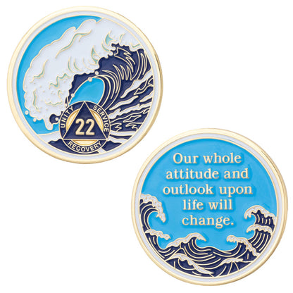 22 Year Sobriety Mint Crashing Wave Gold Plated AA Recovery Medallion - Twenty Two Year Chip/Coin - Blue/White