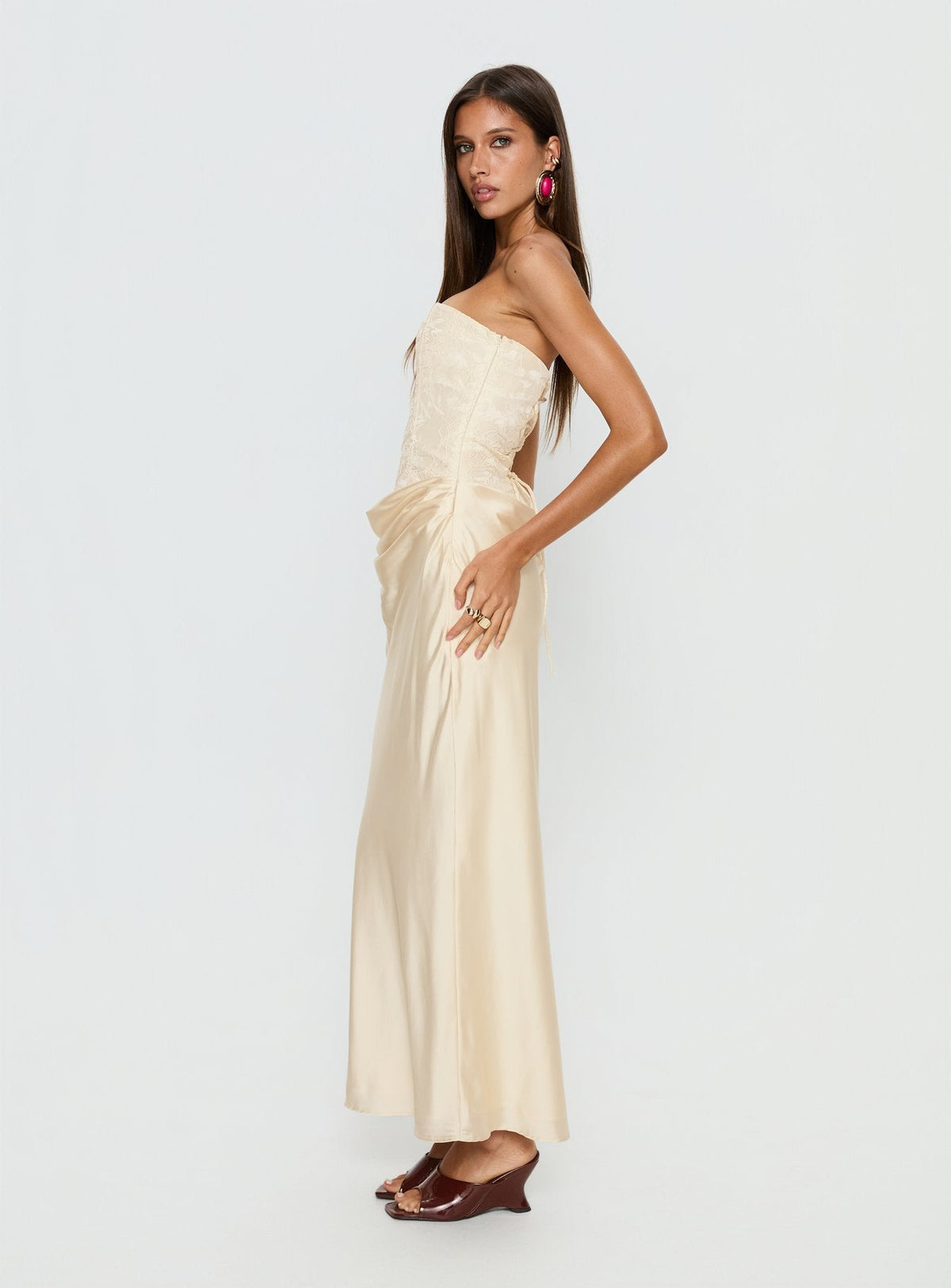 Jenevieve Strapless Drape Maxi Dress Lemon