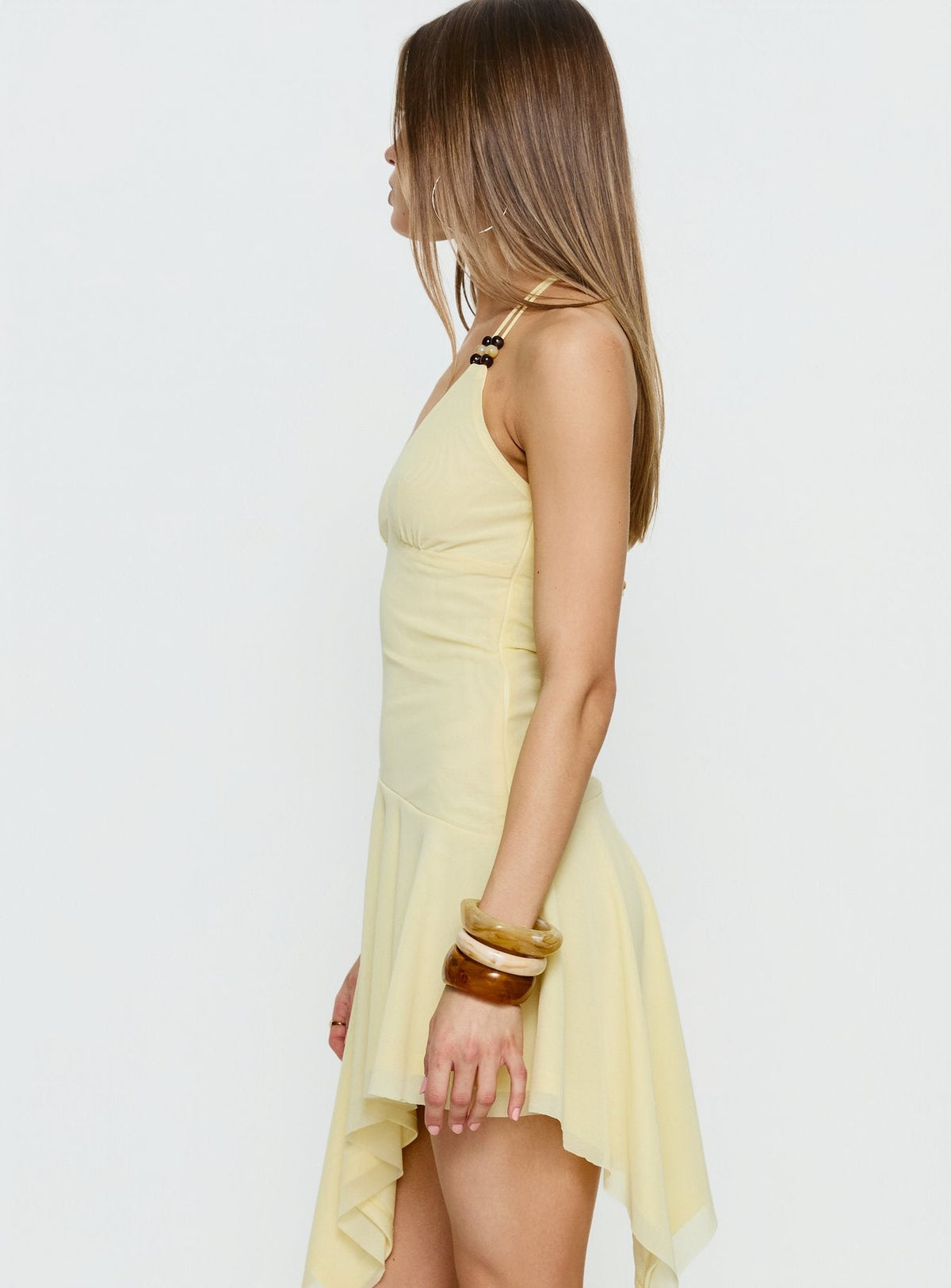 Rush Beaded Asymmetrical Halter Mini Dress Yellow