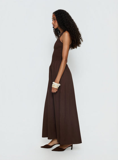 Highgate Drop Waist Pleat Detail Maxi Dress Chocolate