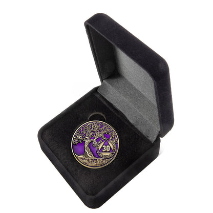 30 Year Sobriety Mint Twisted Tree of Life Gold Plated AA Recovery Medallion/Chip/Coin - Purple + Velvet Box