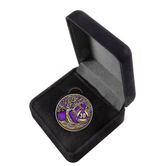 30 Year Sobriety Mint Twisted Tree of Life Gold Plated AA Recovery Medallion/Chip/Coin - Purple + Velvet Box