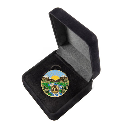 31 Year Sobriety Mint Winding River Gold Plated AA Recovery Medallion - Thirty-One Year Chip/Coin + Velvet Box