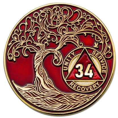 34 Year Sobriety Mint Twisted Tree of Life Gold Plated AA Recovery Medallion - Thirty-Four Year Chip/Coin - Red