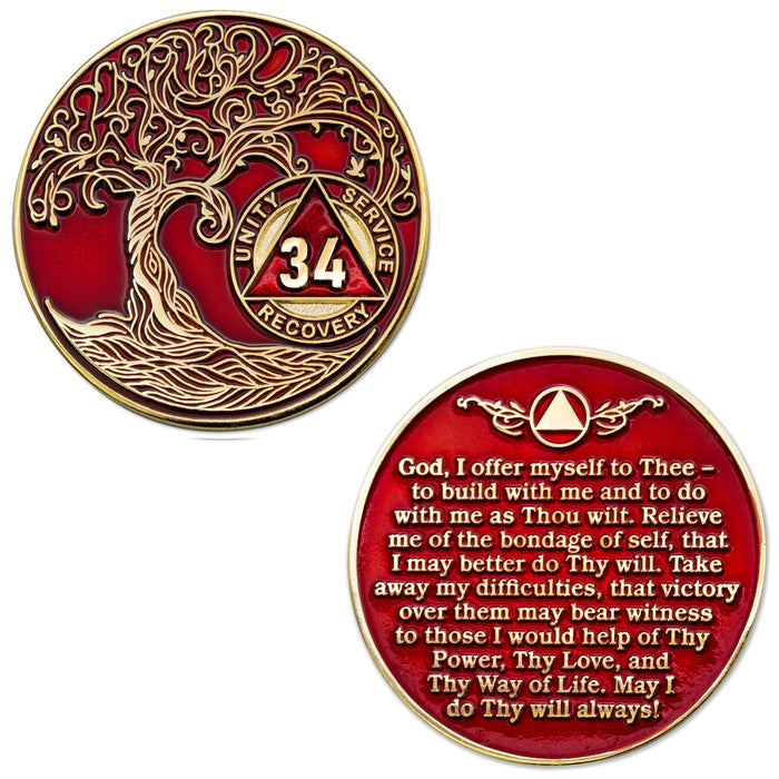 34 Year Sobriety Mint Twisted Tree of Life Gold Plated AA Recovery Medallion - Thirty-Four Year Chip/Coin - Red