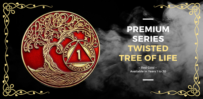 34 Year Sobriety Mint Twisted Tree of Life Gold Plated AA Recovery Medallion - Thirty-Four Year Chip/Coin - Red