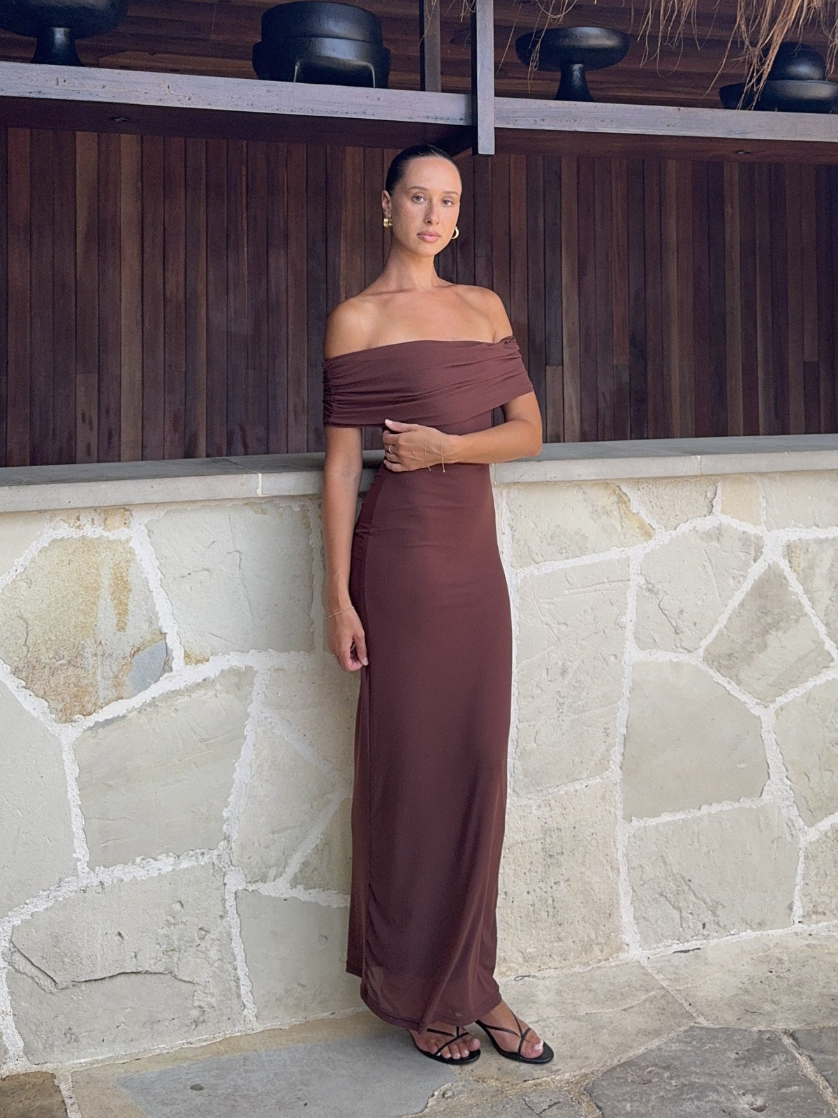 Darcey Off Shoulder Maxi Dress - Brown