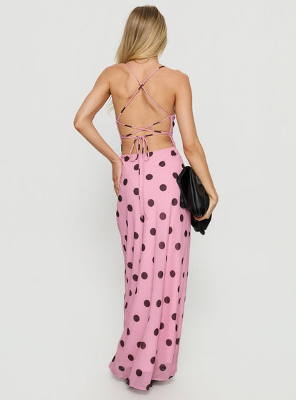 Celena Maxi Dress Pink / Brown Polka Dot