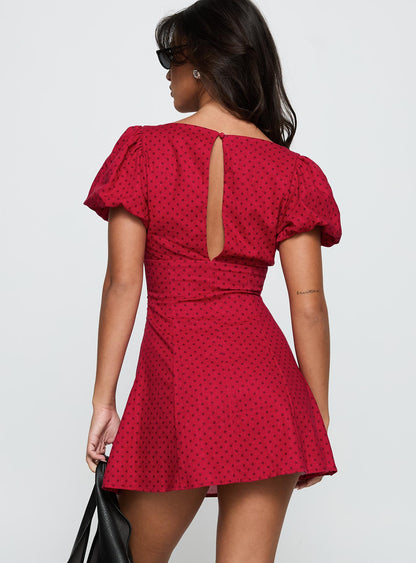 Beloved Puff Sleeve Linen Blend Mini Dress Red Polka