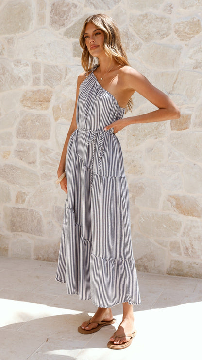 Wendy One Shoulder Maxi Dress - Blue / White Stripe