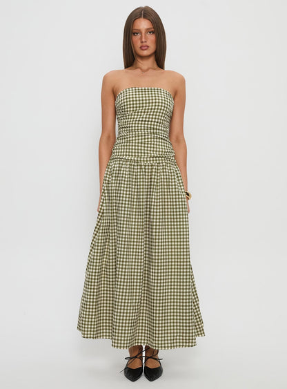 Frankey Strapless Drop Waist Maxi Dress Green Check