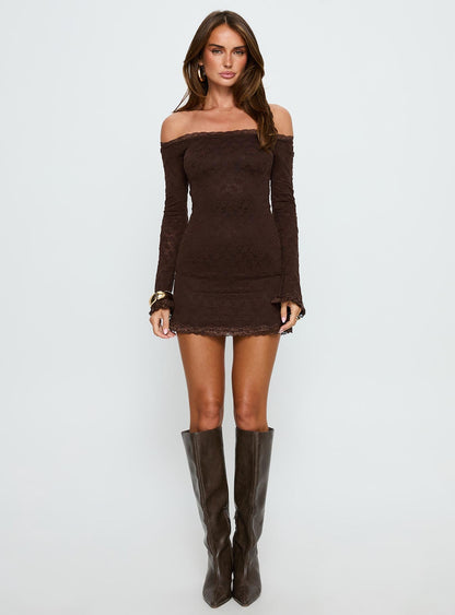 Avenues Long Sleeve Lace Mini Dress Chocolate