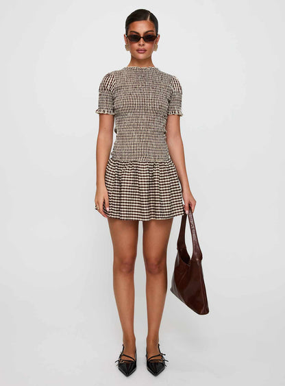 Laurita Shirred Mini Dress Brown Check