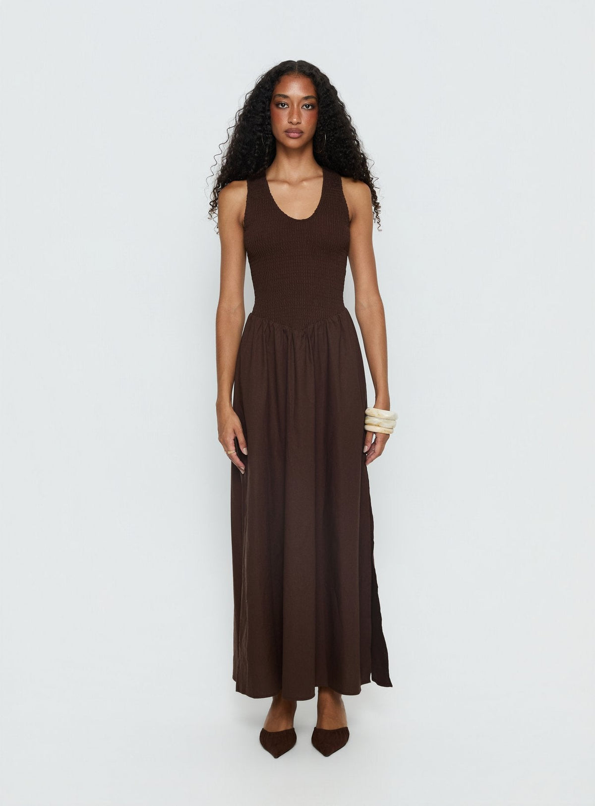 Highgate Drop Waist Pleat Detail Maxi Dress Chocolate