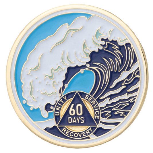 60 Days Sobriety Mint Crashing Wave Gold Plated AA Recovery Medallion - Two Month Chip/Coin - Blue/White