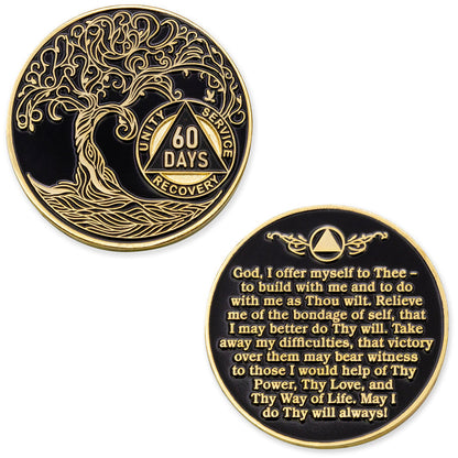 60 Days Sobriety Mint Twisted Tree of Life Gold Plated AA Recovery Medallion - 2 Months Chip/Coin - Black