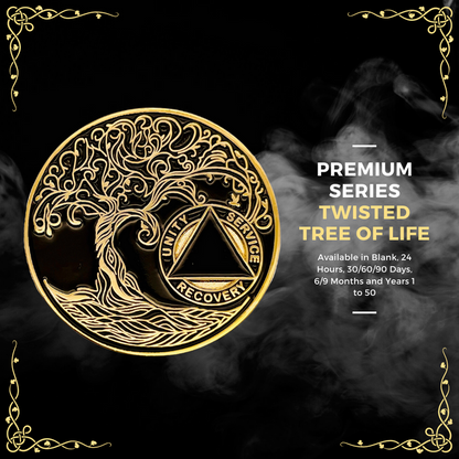 60 Days Sobriety Mint Twisted Tree of Life Gold Plated AA Recovery Medallion - 2 Months Chip/Coin - Black