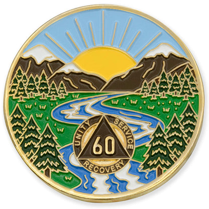 60 Year Sobriety Mint Winding River Gold Plated AA Recovery Medallion - Sixty Year Chip/Coin + Velvet Box
