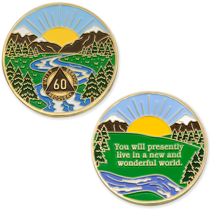 60 Year Sobriety Mint Winding River Gold Plated AA Recovery Medallion - Sixty Year Chip/Coin + Velvet Box