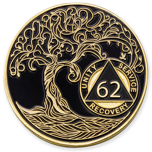 62 Year Sobriety Mint Twisted Tree of Life Gold Plated AA Recovery Medallion - Sixty Two Year Chip/Coin - Black