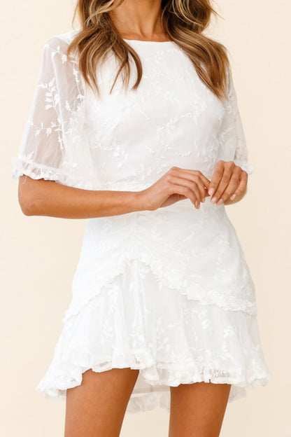 Leona Half Sleeve Frill Trim Dress Leaf Embroidered White