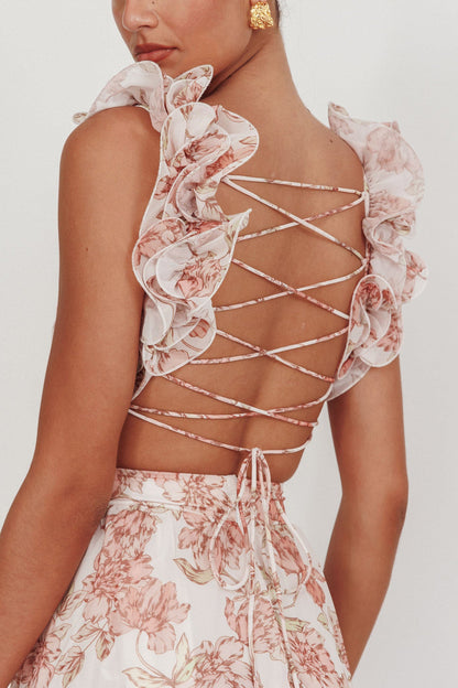 Madara Lace-Up Back Maxi Dress Floral Peach