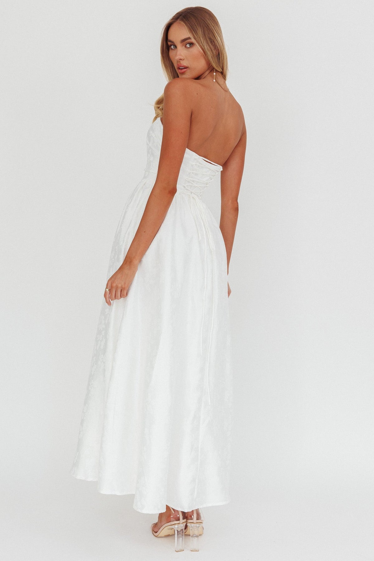 Anushka Strapless Empire Maxi Dress Jacquard White
