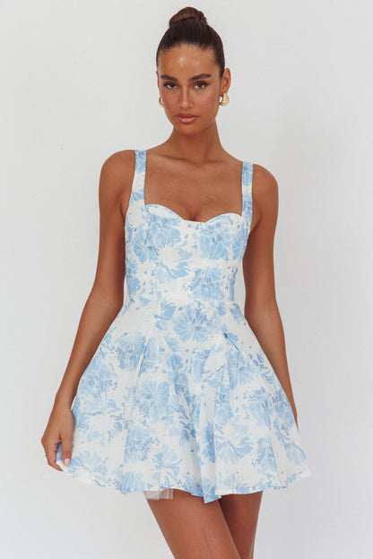 Get My Attention Off-Shoulder Mini Dress Floral Blue