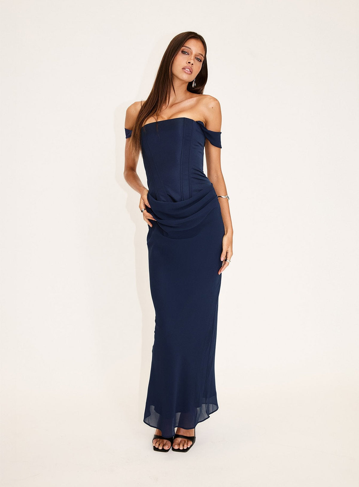 Joslyne Off Shoulder Corset Maxi Dress Navy