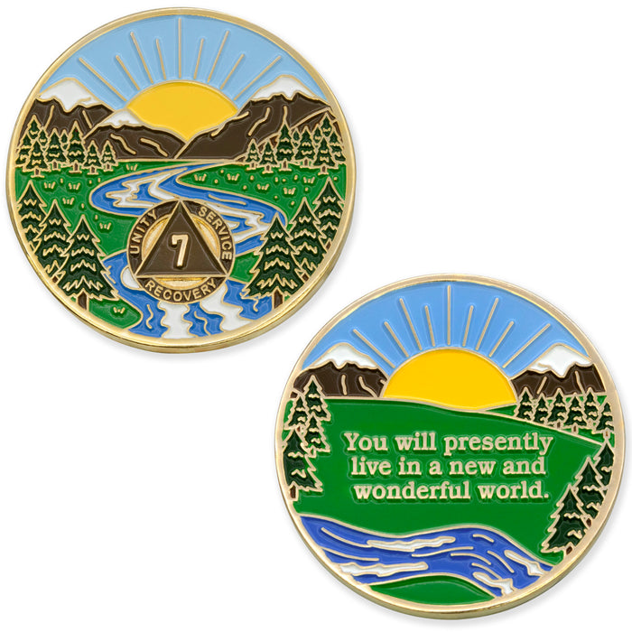 7 Year Sobriety Mint Winding River Gold Plated AA Recovery Medallion - Seven Year Chip/Coin