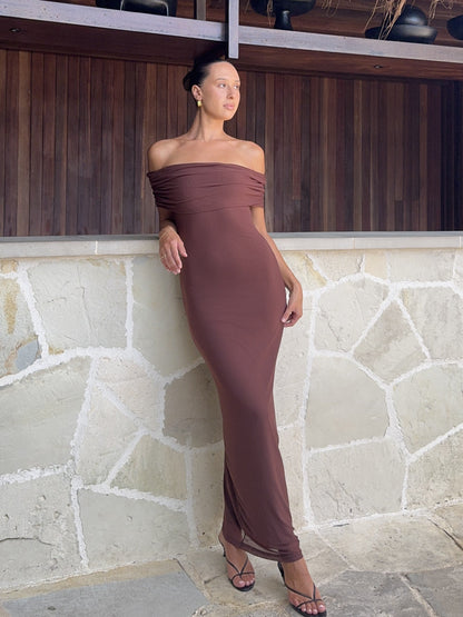 Darcey Off Shoulder Maxi Dress - Brown