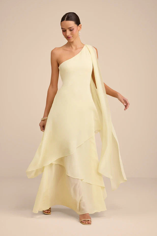 Camellia Light Yellow One-Shoulder Bow Maxi Dress