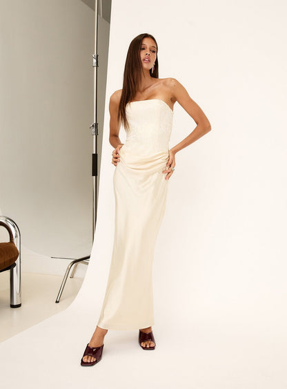 Jenevieve Strapless Drape Maxi Dress Lemon