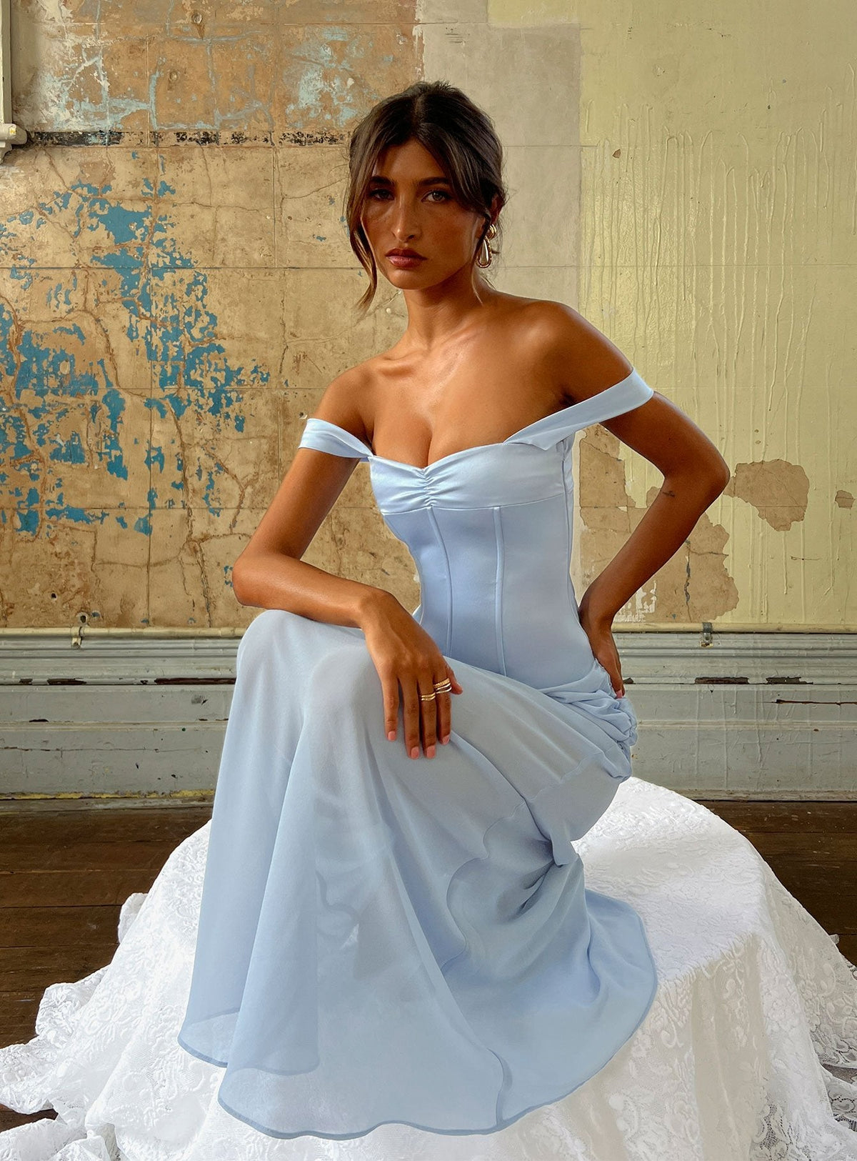 Angiola Corset Off Shoulder Maxi Dress Blue