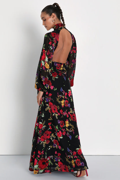 Graceful Arrival Black Floral Burnout Backless Maxi Dress