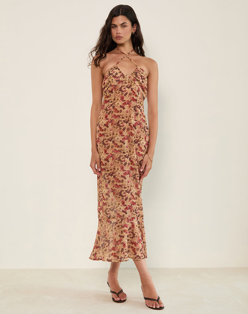 Alette Halterneck Maxi Dress in Chiffon Rusty Flower