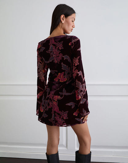 Alitra Mini Dress in Floral Devore Burgundy