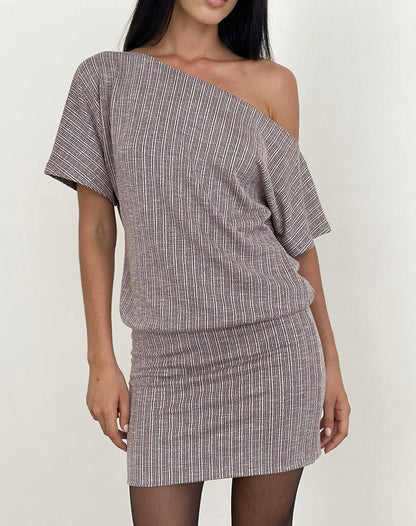 Amelita Mini Dress in Rib Knit Brown Grey